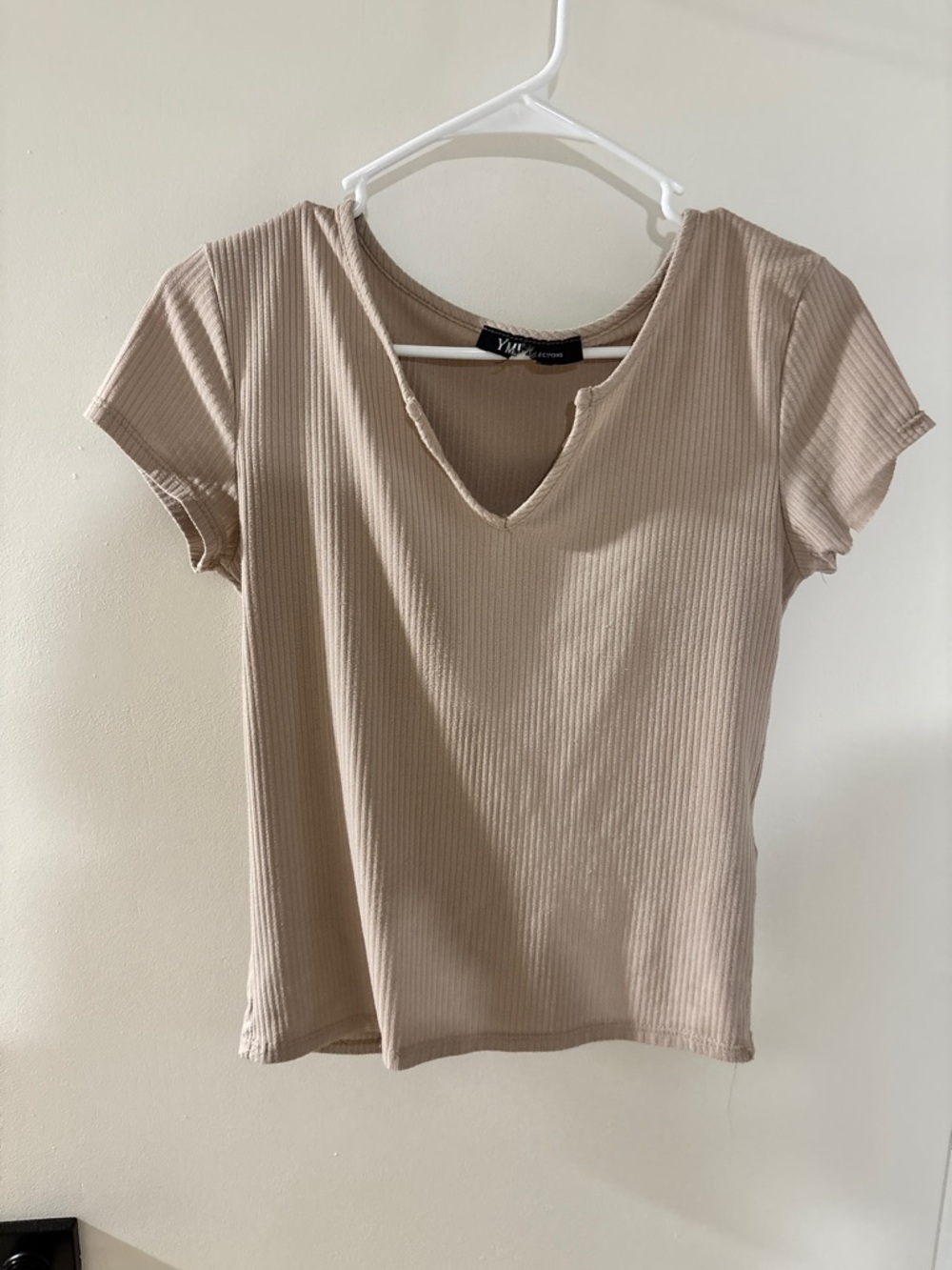 YMI Ribbed Short Sleeve V-Notch Top - Taupe